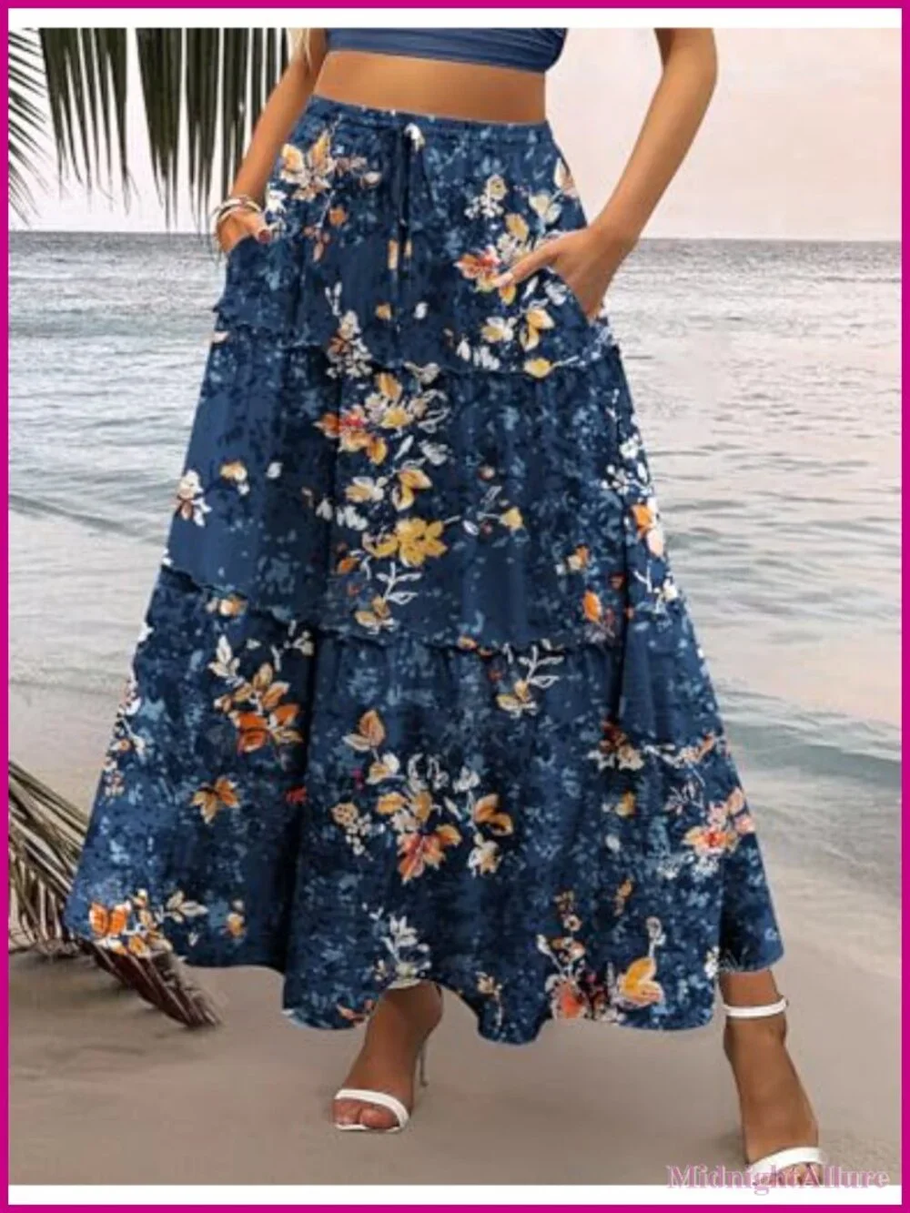 Womens High Waist Boho Maxi Skirt Floral Printed Long Flowy with Pockets